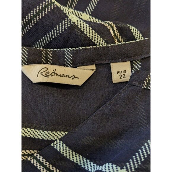 Womens Sheer Tunic Top Plus Size 22 Navy Blue Plaid Roll Tab Sleeves Split Neck - Picture 7 of 8